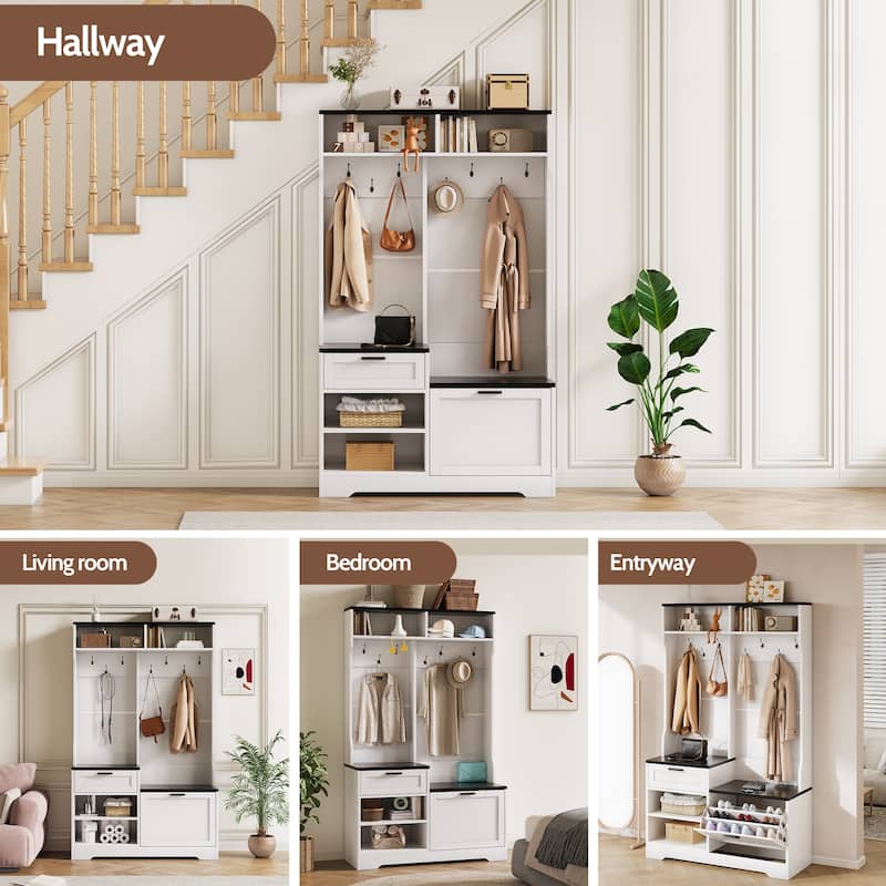 6 in 1 Hall Tree with Bench and Shoe Storage, Entryway Organizer with Flip Shoe Cabinet, Hooks and Drawer
