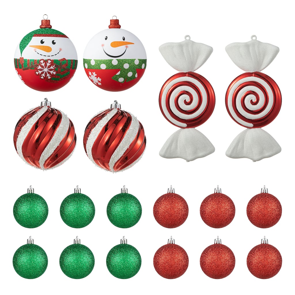 Glitzhome 18ct Christmas Red & Green Glitter Snowman Ball Shatterproof Ornaments