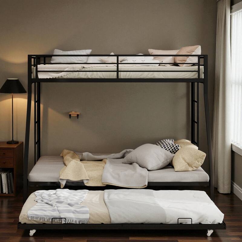 Full Size Metal Bunk Bed with Ladder and Rolling Trundle, Square Tube Frame, Heavy-Duty Triple-Sleeper for Home or Dorm