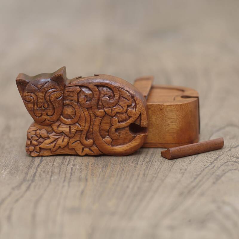 Novica Handmade Sleepy Cat Wood Puzzle Box