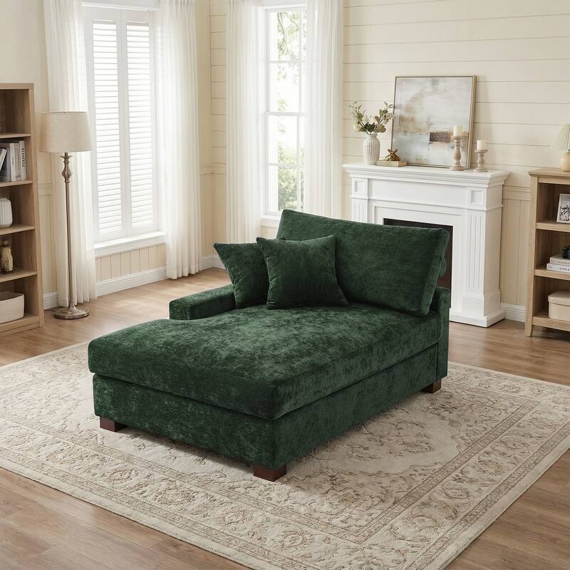 Plush Chenille Single Modular Sectional Sofa Chaise with Pillows - Green-Chaise L - Left Facing