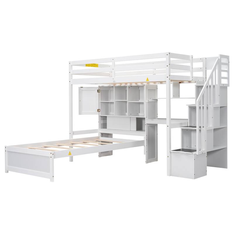 Twin over Twin Solid Wood Bunk Bed Set with Stair Storage, Built-in Desk, Shelving, and Headboard Compartment