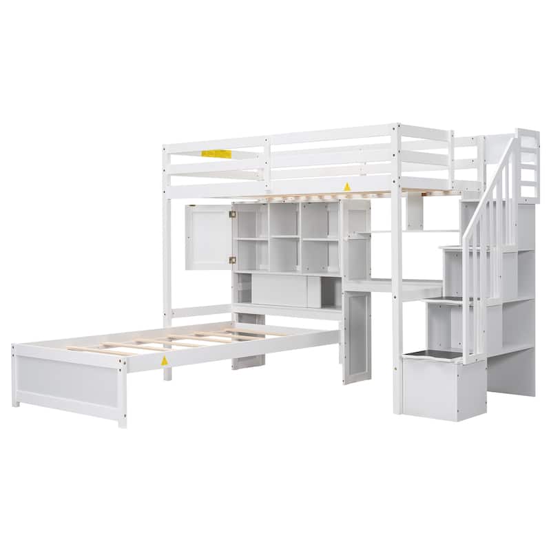 White Twin over Twin Loft Bed with Built-in Desk, Staircase & Storage