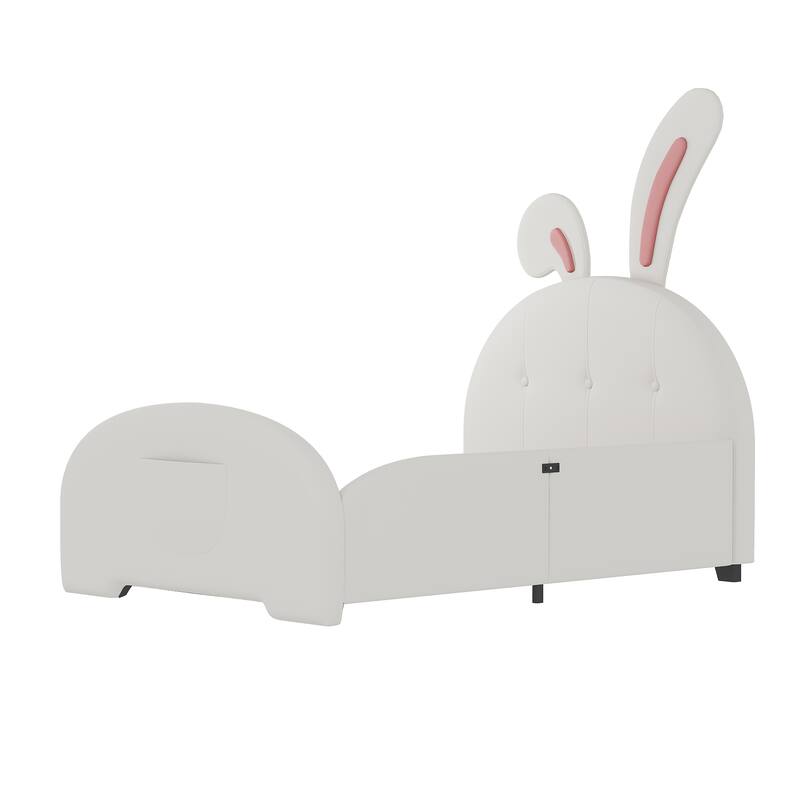 Twin Size Platform Bed with Rabbit-Shape Headboard Pocket