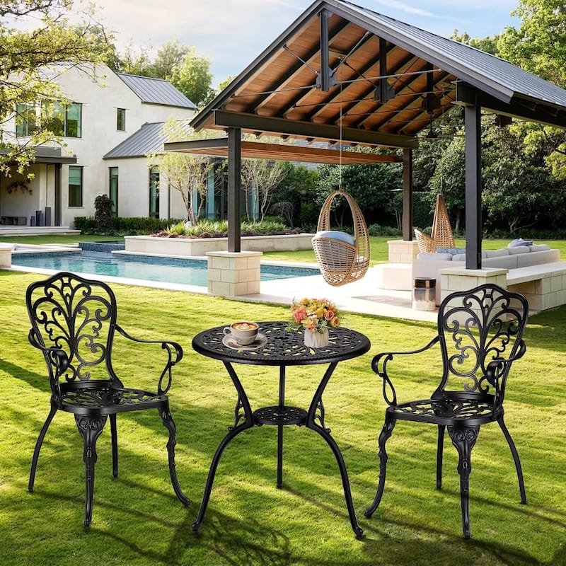 3 Piece Outdoor Bistro Set, Cast Aluminum Patio Table and Chairs Set of 2 with Umbrella Hole
