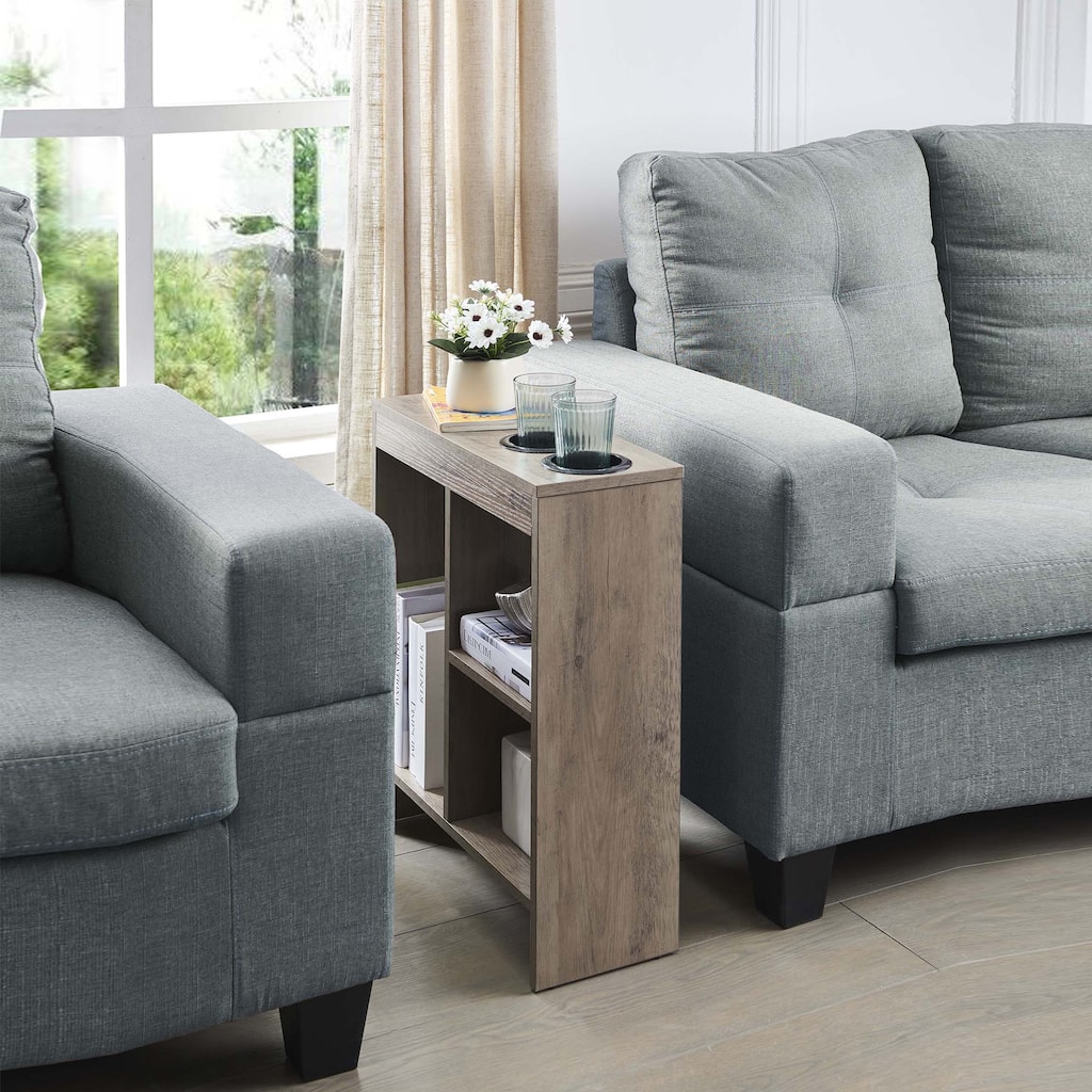 Narrow Side Table with 2 Cup Holders and 3 Shelves, Slim End Table for Small Spaces