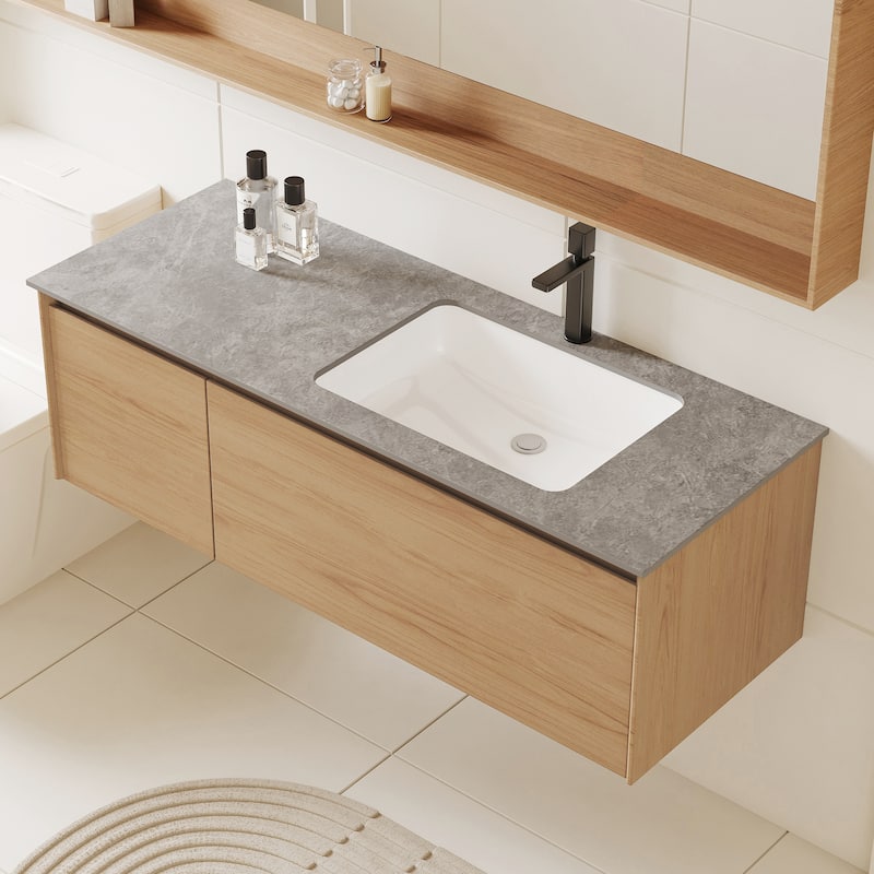 47.24 Single Bathroom Vanity, Modern, Gray Stone Stop, Light Solid Wood - Brown/Grey - Wood Finish