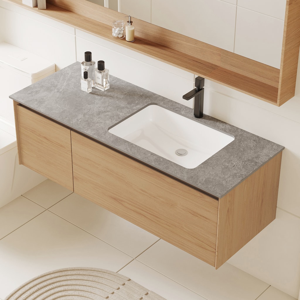 47.24 Single Bathroom Vanity, Modern, Gray Stone Stop, Light Solid Wood