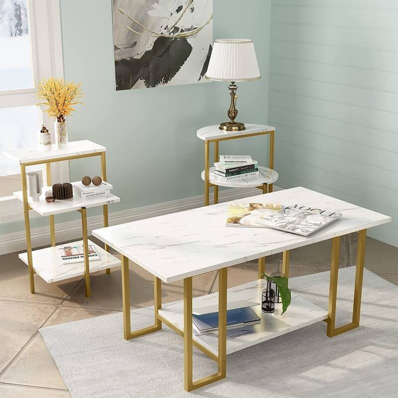 3 Pieces Faux Marble Coffee Table Set with 1 Coffee Table and 2 End Tables, Modern Sofa Side Table with Shelf, Cocktail Table
