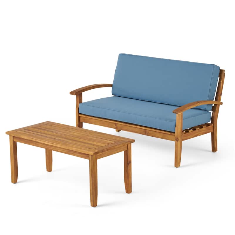 Outdoor Loveseat and Coffee Table Set, Blue Cushions, Brown Acacia Wood