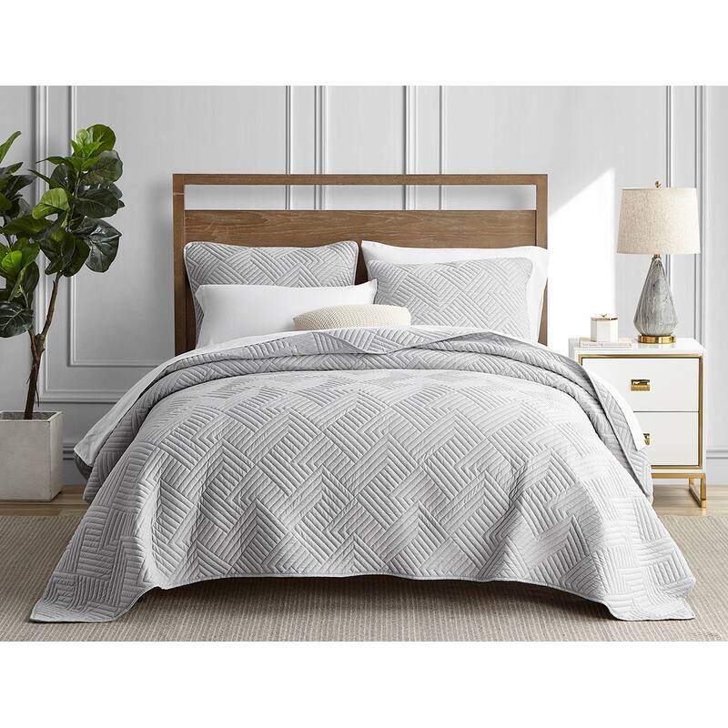 Garment Wash Grid Stitched Ultra Soft Microfiber 3-Piece Quilt Set - GREY - Full - Queen