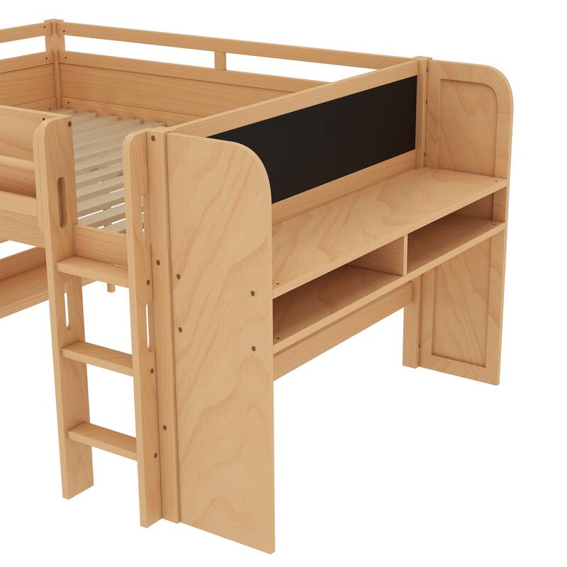 Full/Twin Size Loft Bed with Built-in Desk, Multi-Storage Bookcases & Blackboard, Solid Wood Low Loft Bed Frame