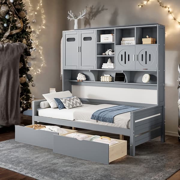 slide 2 of 10, Grey Twin Size Wooden Daybed with 2 Drawers, and All-in-One Cabinet and Shelf Grey