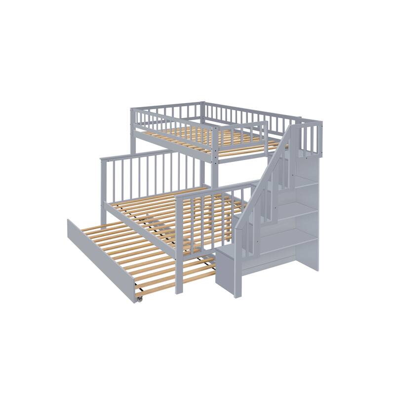 Gray Twin over Full Stairway Bunk Bed with Trundle and Storage