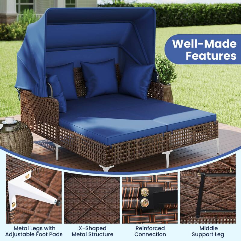 Costway Outdoor Rattan Double Daybed with Retractable Canopy & Seat - See Details