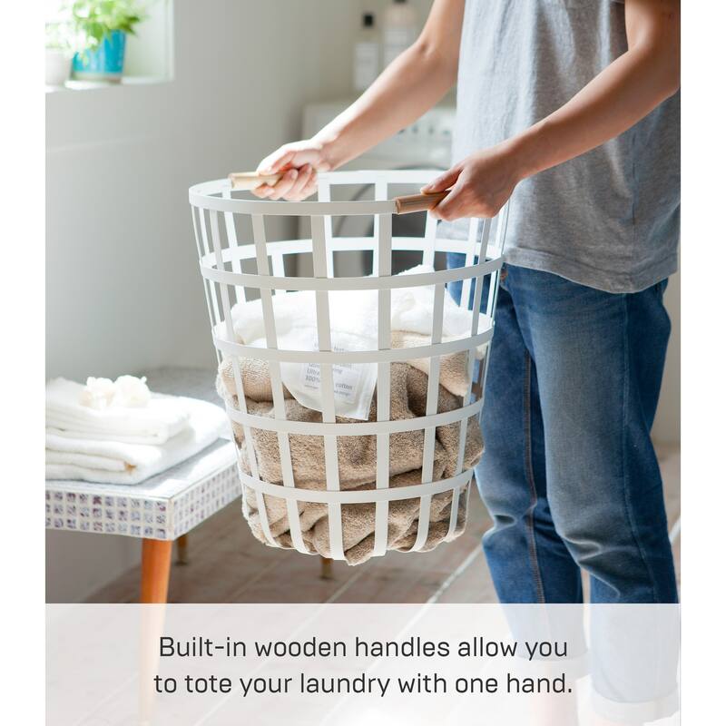 Yamazaki Home Wire Basket, Steel and Wood, 10.5 gallon, 40 liters, Holds 22 lbs - L 15.75 x W 15.75 x H 17.72 inches