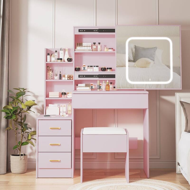 Vanity Desk with Sliding Mirror, Charging Station, 4 Drawers, Shelves, Stool - Pink
