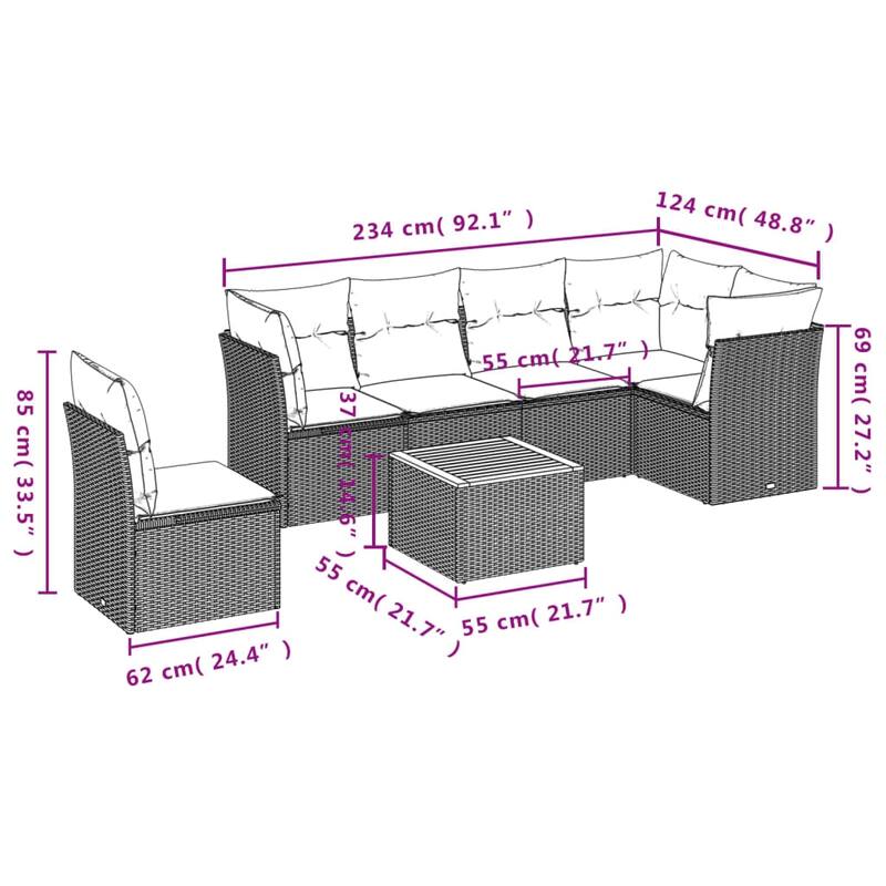 vidaXL Patio Sofa Set with Cushions Outdoor Furniture 7 Piece Poly Rattan - 24.4" x 24.4" x 27.2"