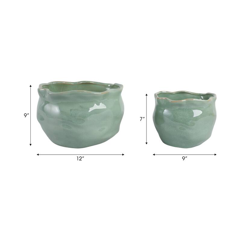 Stoneware Ceramic Round Wavy Edge Planters Decorative Pot (Set of 2) - 12" x 12" x 9"