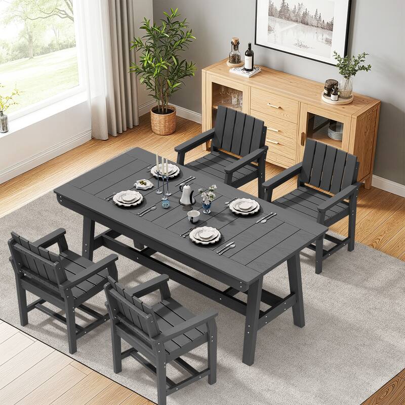 HDPE Patio Dining Set with Rectangular 67.91in L Table with Umbrella Hole and 4 Chairs - N/A