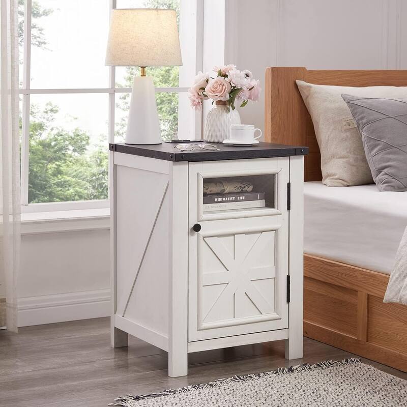 Farmhouse Nightstand with Charging Station, End Table with Barn Door