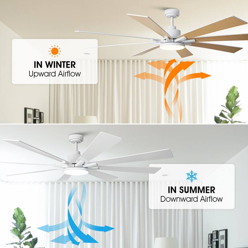 Modern 72-in White Wooden 8-Blade Large Windmill Ceiling Fan with Light