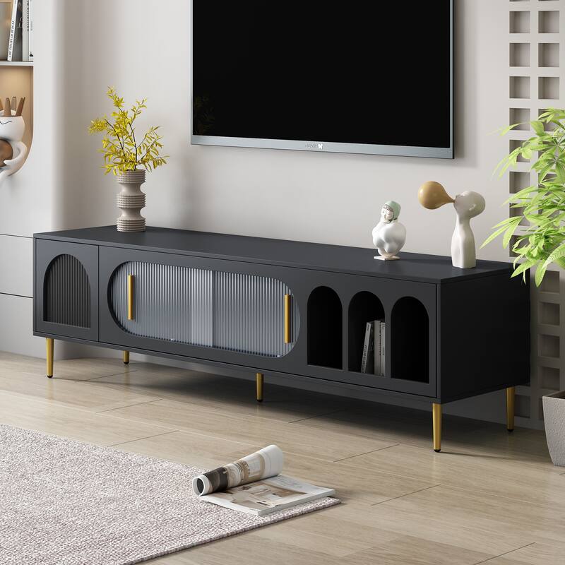 Modern TV Stand with Arched Shelves, Sliding Acrylic Door, Golden Metal Handles, and Ample Storage, Fits TVs up to 70 Inches. - Black