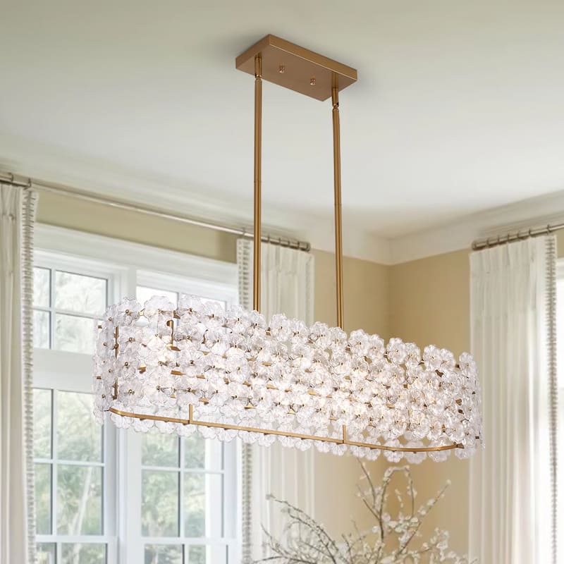 Glam 5-Light Glass Blossom Lantern Linear Island Chandelier 36.2 in - Gold