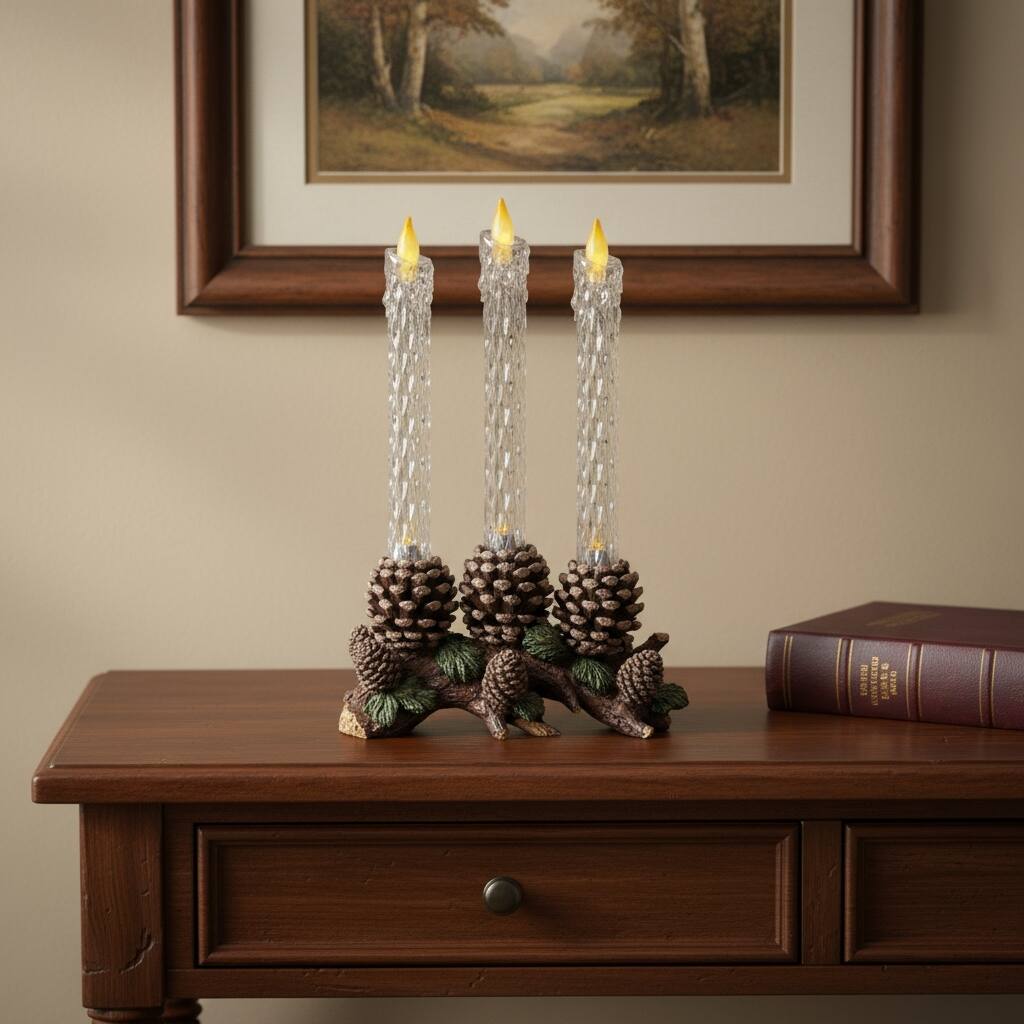 Set of Three Clear Flameless Taper Candles In Brown And Green Resin Pinecone Holder