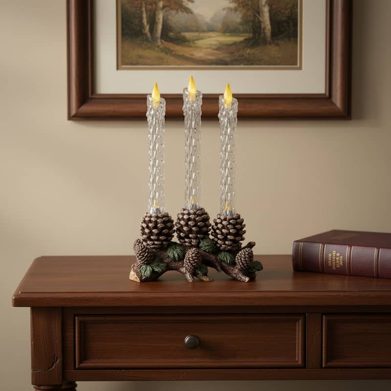 Set of Three Clear Flameless Taper Candles In Brown And Green Resin Pinecone Holder - Clear
