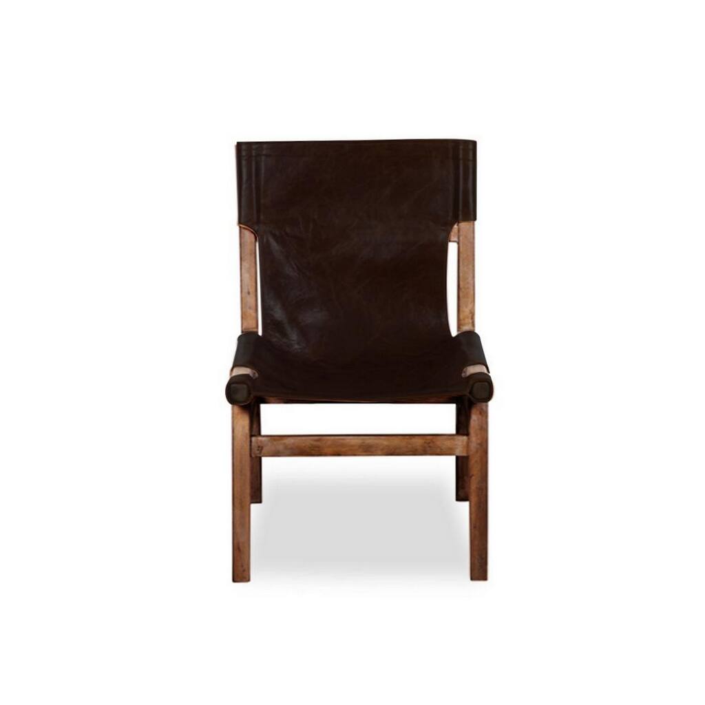 22 Inch Slingback Dining Chair, Brown Leather Seat, Distressed Wood Frame