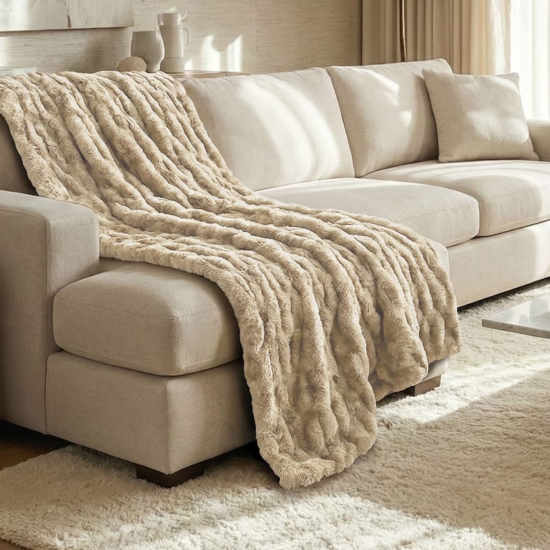 Soft Plush Faux Fur Fuzzy Throw - 50 x 60 in - Cream Taupe - Ruched