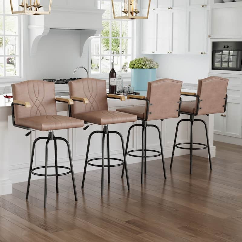 Bar Height Upholstered Bar Stools with Back PU Leather Seat and Wood Arms 30" Tall Bar Chairs 350 lb Weight Capacity