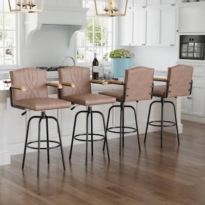 Bar Height Upholstered Bar Stools with Back PU Leather Seat and Wood Arms 30" Tall Bar Chairs 350 lb Weight Capacity