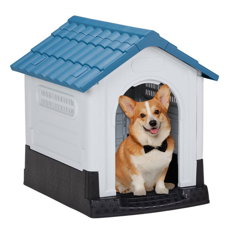 Plastic Dog House with Air Vents, Elevated Floor, Insulated Outdoor Indoor Kennel for Small Dogs