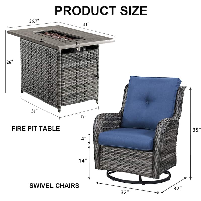 Fire Pit Table with Swivel Outdoor Rattan Chair - Grey