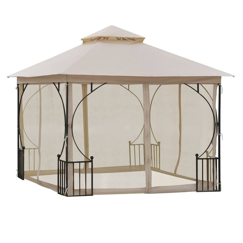 10' x 10' Modern Double Roof Patio Gazebo Canopy Shelter with Netting,Steel Corner Frame