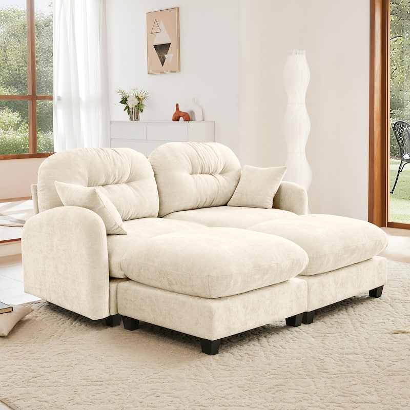 2 Seat Chenille Sofa Round Arms Sectional Sofa, Modern 74" Tufted Back Couch with Ottoman for Lving Room, Small Space