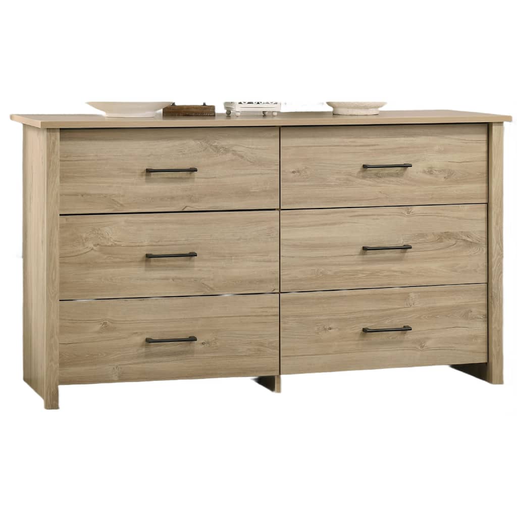 Kele Wide Dresser, 6 Drawers with Black Handles, Light Oak Brown