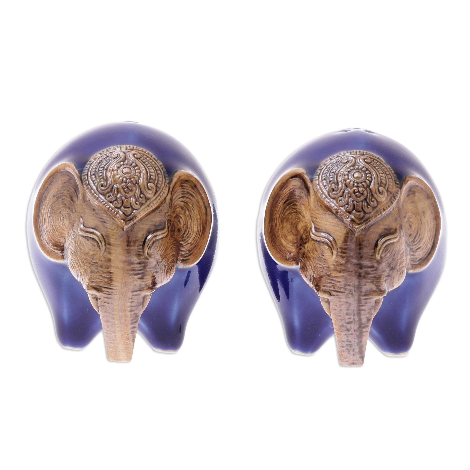 Novica Handmade Round Elephants In Blue Ceramic Salt And Pepper Shakers