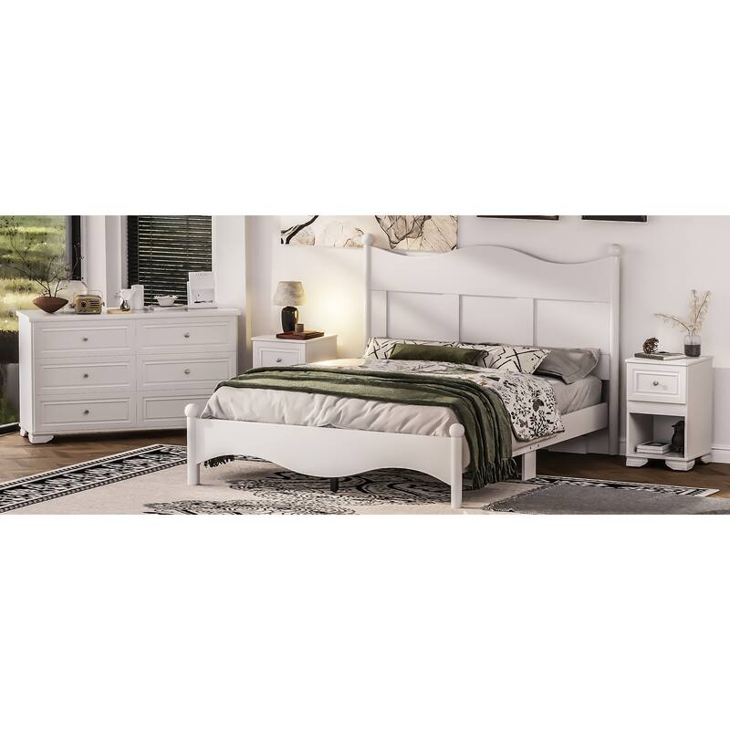 Queen Size Elegant Wood Platform Bed Frame, Retro Style, No Box Spring Needed, Sturdy Wooden Slat Support, Bedroom Furniture