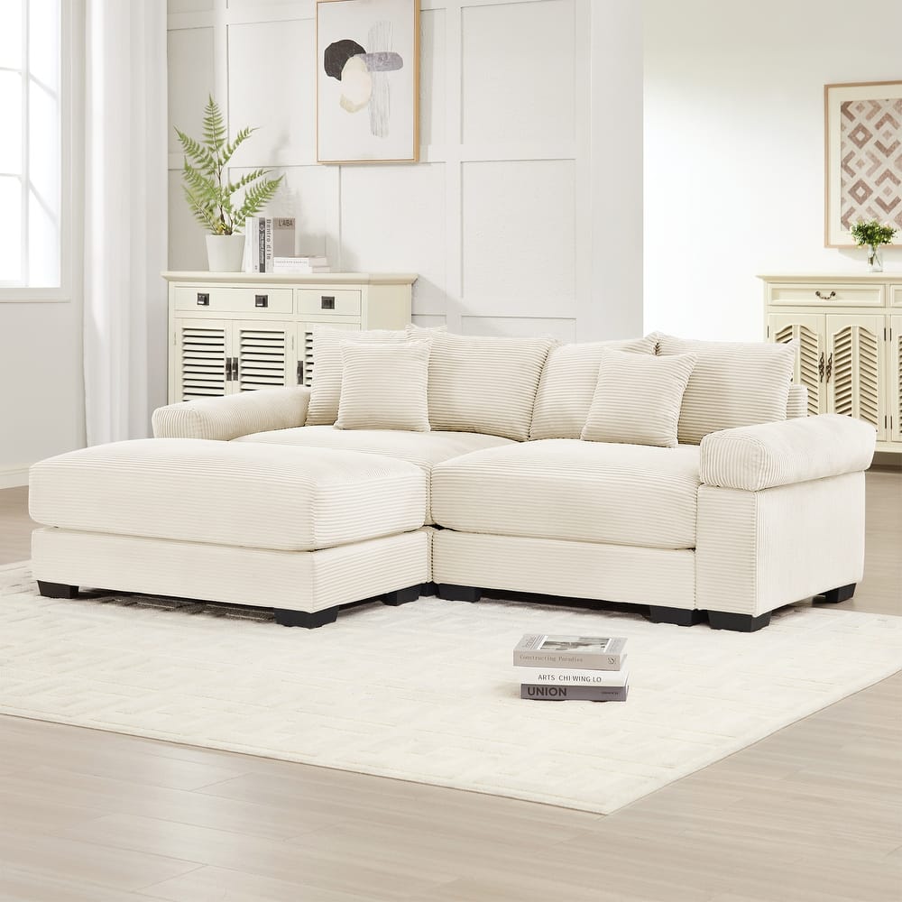 Roomfitters 82.6"/92" Modular L-Shape Sectional, Corduroy Cloud Couch with Ottoman & 6 Pillows