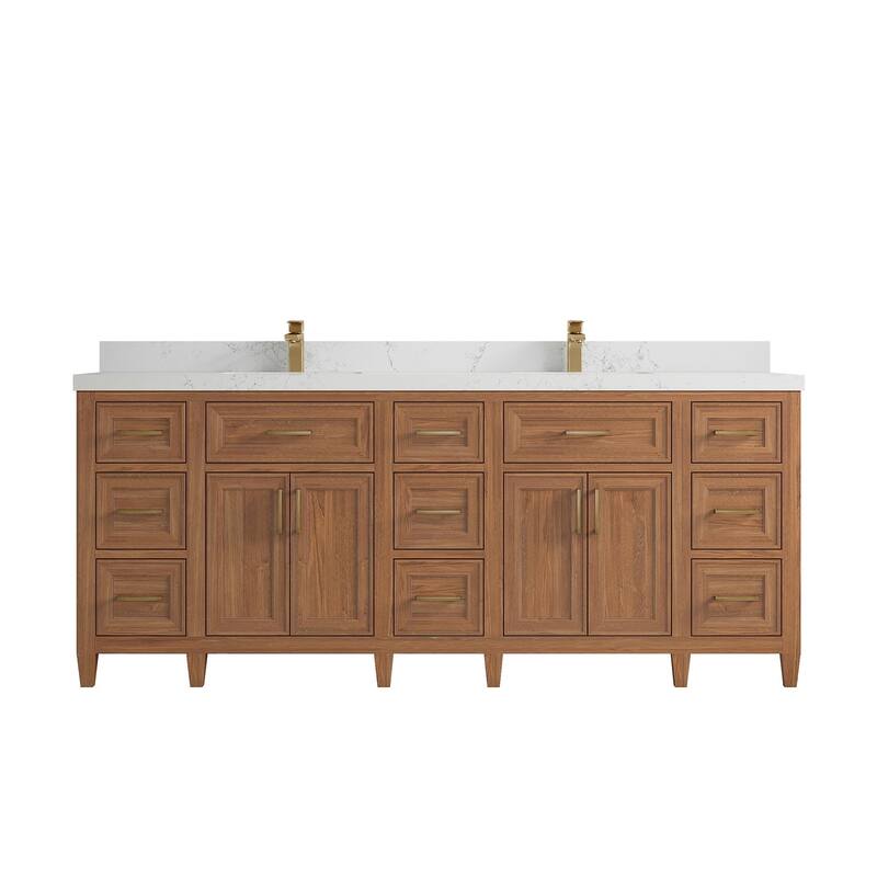 Willow Collections 84 in. W x 22 in. D Santa Monica Teak Double Sink Bathroom Vanity with Countertop - 2”Empira White - Dark Natural