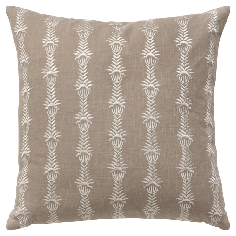 HomeRoots 20" Taupe and White Botanical Stripe Cotton Throw Pillow With Embroidery