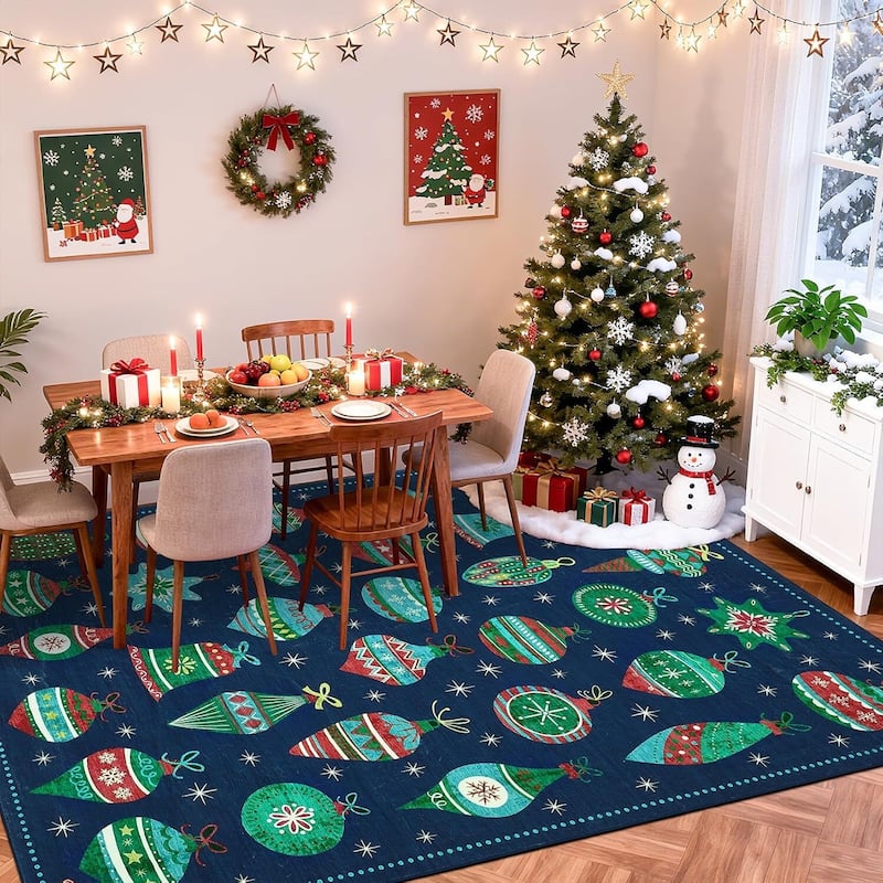 Christmas Winter Snowflake Washable Area Rug for Living Room, Bedroom, Blue - 8*10ft