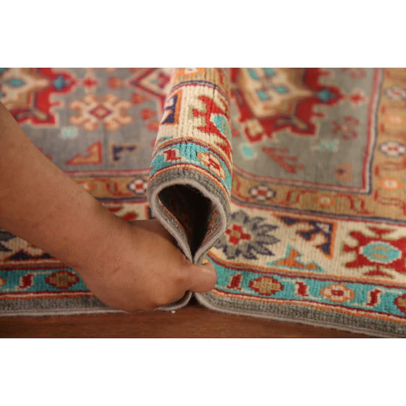 Geometric Grey Kazak Foyer Rug Handmade Traditional Wool Carpet - 2'7" x 3'10"
