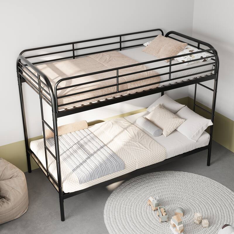 GDFStudio - Heavy Duty Full Size Metal Bunk Bed Twin Over Twin with 2 Ladders and Full-Length Guardrai
