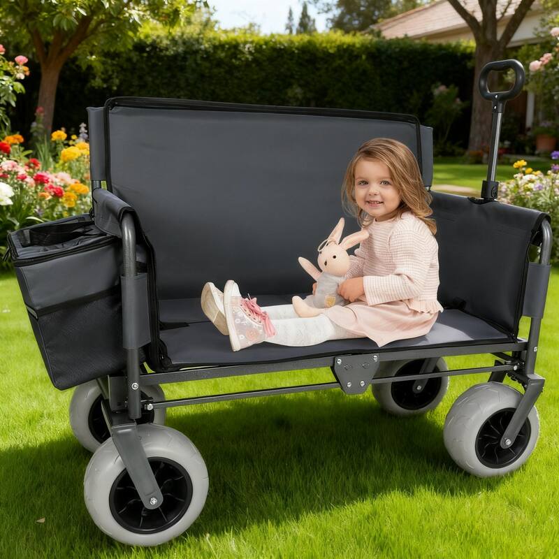3-in-1 Folding Wagon with Bench Seat-Includes 1 ice pack, 500lbs Capacity, 9"x4" Beach Tires for Camping & Beach