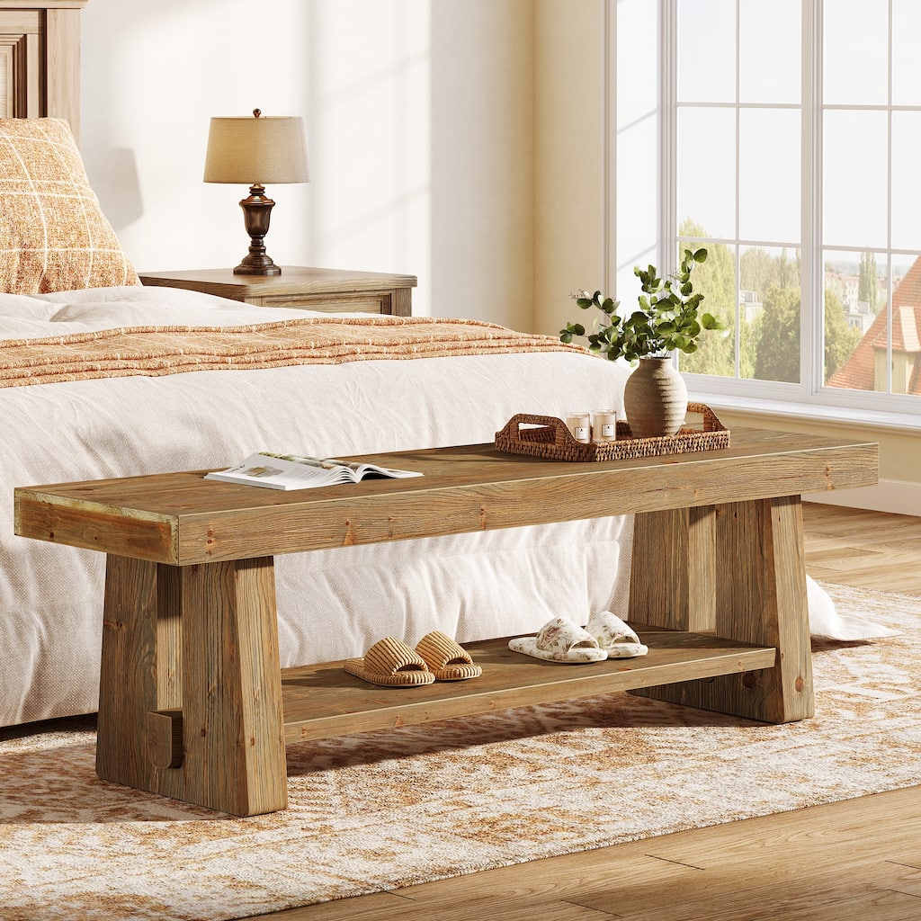 2-Tier Solid Wood Entryway Bench with Shelves, Dining Bed End Accent Seat for Dining Room Living Room Hallway Bedroom