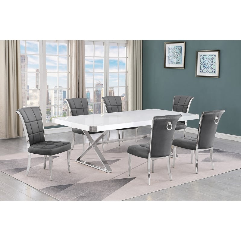 Best Quality Furniture D442/3-SC320-7 Dining Set with 94" White Lacquer Wood Top - 7-Piece - Dark Grey / Silver